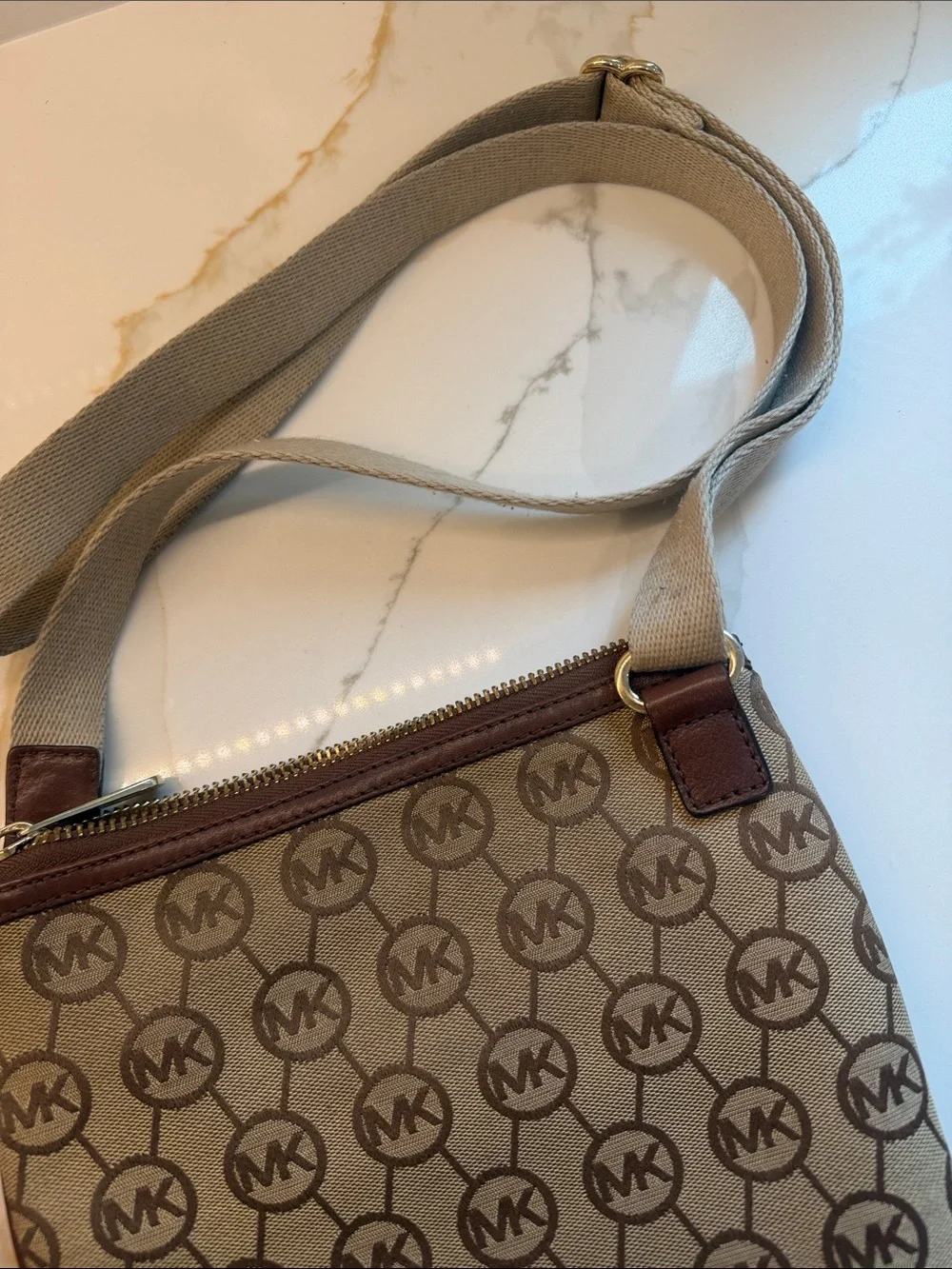 Michael Kors Tan Brown MK Logo Messenger Crossbody